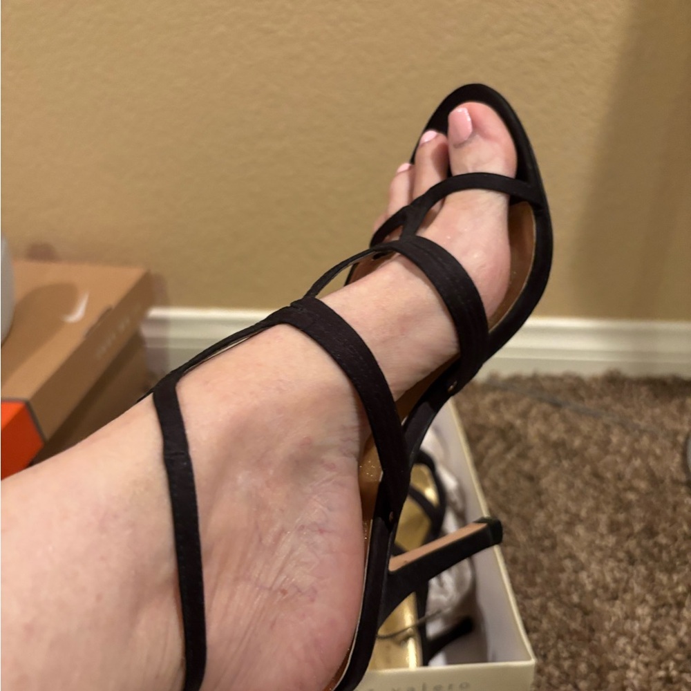 Martinez Valero Black satin Strappy Heels with rhinestone buckle with 4” heel